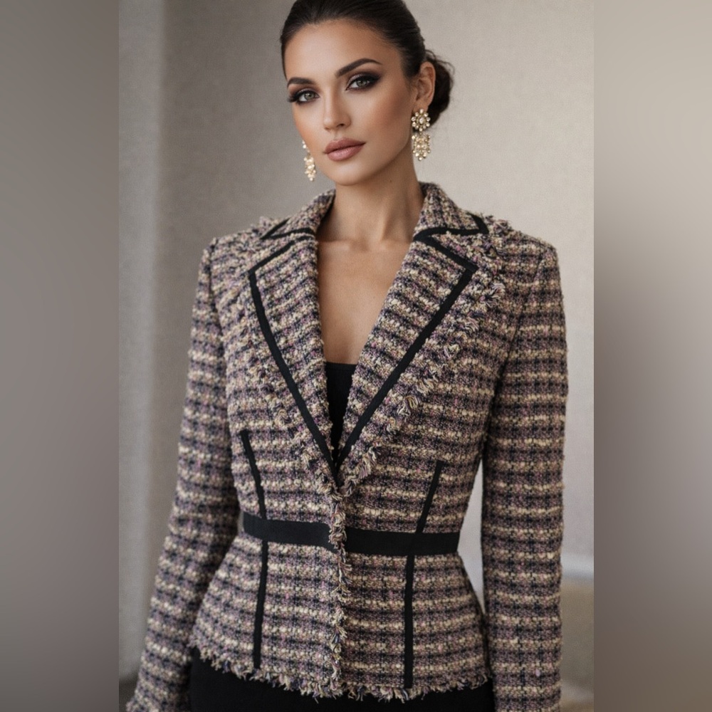 Tailored Tweed Jacket with Black Trim - Women's Coat
